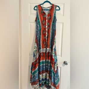NWT—Aratta Teal, Orange & Blue Floral Panel long Dress